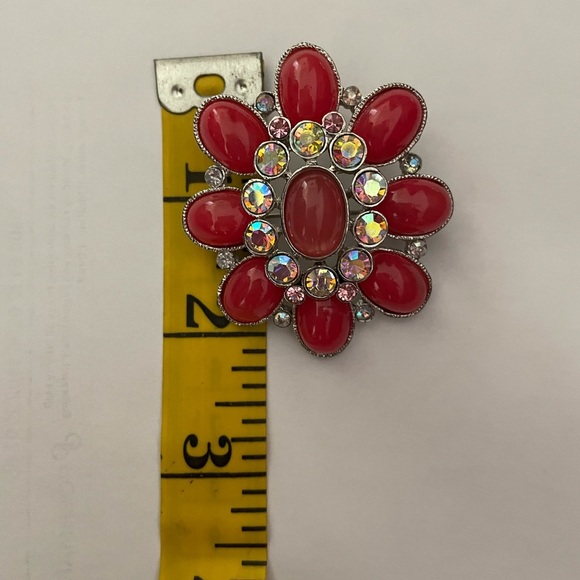 Vintage brooch coral enamel and rhinestone dome shaped on silver tone m - Picture 2 of 4